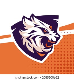 Angry White Tiger Head for E-Sport Logo Mascot Icon or Emblem With Halftone Texture And Strip Background