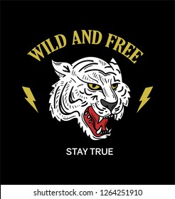 Angry white wild tiger fashion embroidery print with trendy phrase for t shirt tee sweatshirt bomber poster sticker patch. Old school vintage graphic design rock style fashion street wear illustration