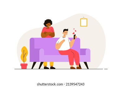 Angry wife caught her husband chatting with another woman. Love triangle. Jealousy, mistrust, betrayal, cheating concept. Modern flat vector illustration