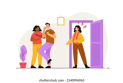 Angry wife caught her husband with another woman. Love triangle. Jealousy, mistrust, betrayal, cheating concept. Modern flat vector illustration