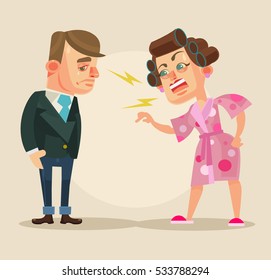 Angry wife character yelling at husband office worker. Vector flat cartoon illustration