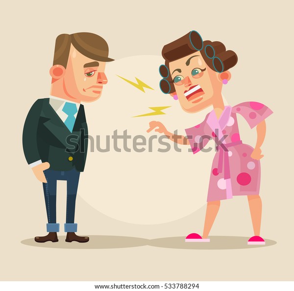 怒った妻のキャラクターが夫のolを怒鳴る ベクター平面の漫画イラスト のベクター画像素材 ロイヤリティフリー