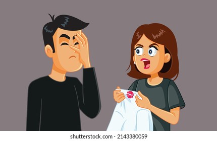 Angry Wife Confronts Her Cheating Husband With Evidence Vector Cartoon. Man Caught Having A Love Affair With Secret Mistress By His Spouse
