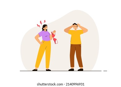 Angry wife found red bra and suspect her husband seeing another woman. Love triangle. Jealousy, mistrust, betrayal, cheating concept. Modern flat vector illustration