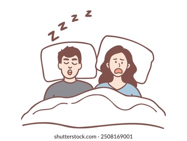 angry wife having problems sleeping because of snoring husband. Hand drawn style vector design illustrations.