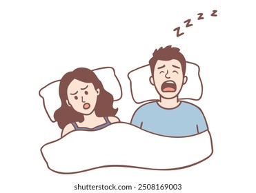 esposa irritada tendo problemas para dormir por causa do marido ronco. Ilustrações de design de vetor de estilo desenhado à mão.