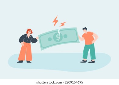 Angry wife and husband tearing big banknote. Annoyed cartoon man and woman planning family budget flat vector illustration. Finances, conflict, divorce concept for banner or landing web page