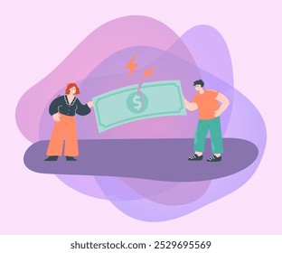 Angry wife and husband tearing big banknote. Annoyed cartoon man and woman planning family budget flat vector illustration. Finances, conflict, divorce concept for banner or landing web page