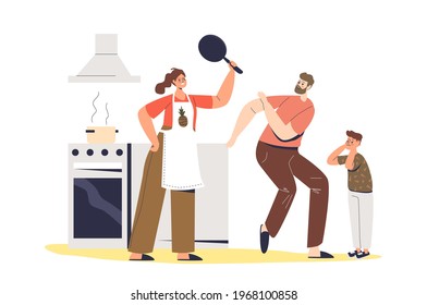 Angry wife and mother screaming at dad and kid. Violent housewife scolding family members over kitchen background. Home violence concept. Cartoon flat vector illustration