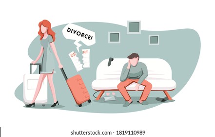 Angry Wife With Suitcase Walking Away From Her Husband, Ready For Divorce. Married Couple Undergoing Relationship Crisis, Breakup Or Separation, Cartoon Vector Illustration.