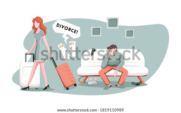 Angry wife with\
suitcase walking away from her husband, ready for divorce. Married\
couple undergoing relationship crisis, breakup or separation,\
cartoon vector\
illustration.