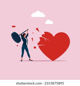 Angry  wife using big hammer to hit broken heart shape metaphor of family problem. Marriage difficulties problem, divorce. Flat vector illustration