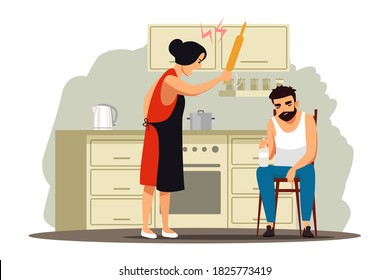 Angry wife yells at drunk husband. Woman shouting, screaming, fighting, sad man siiting with bottle. Unhappy marriage, family conflict vector illustration. Domestic quarrels.