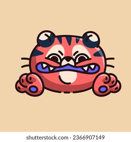 Angry wild animal face. Mad tiger attack with grin, dangerous cat in hate, savage muzzle in rage, irritated snout with bad emotion and expression. Cute kid sticker. Flat isolated vector illustration