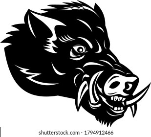 Angry Wild Boar or Common Wild Pig Head Side Mascot Woodcut Black and White