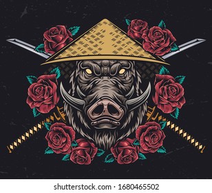 Angry wild boar head colorful vintage concept with animal in conical straw hat roses and crossed japanese swords isolated vector illustration