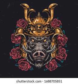 Angry wild boar head in samurai helmet with red roses in vintage style isolated vector illustration