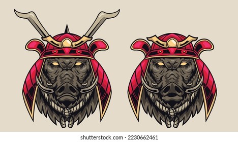 Angry wild boar head in samurai helmet illustration-Vector