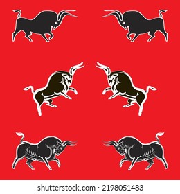 Angry wild bulls opposite each other. Black silhouettes with white outlines. Side view. Hand drawing angry buffaloes. Spanish bullfight. Animals on red background. Three pairs of young strong bison.