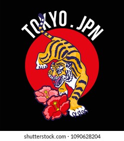 Angry wild Japan tiger on background red circle and with lettering "Tokyo. JPN" and Japanese hieroglyphs. Modern vector mascot illustration for print design of clothes t shirt patch sticker poster.
