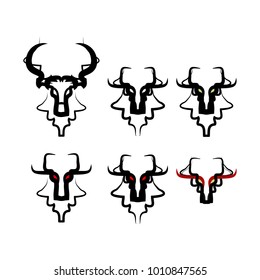 Angry, wild, mystical, head animal, deer, goat, elk, with horns, mascot,  satanic logo, icon set. Hand sketched tattoo artwork. Character design. Vector illustration. 