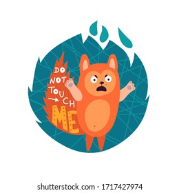 Angry wild squirrel character. Funny  aggressive ginger color animal with orange fur. Bad mood. Fire shape sticker with lettering on character's tail - Do Not touch ME! Isolated