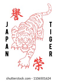Angry wild tiger with motivation japanese symbols. Japan Tokyo concept. Modern mascot illustration for print design of clothes t shirt