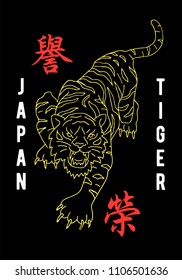 Angry wild tiger with motivation japanese symbols. Japan Tokyo concept. Modern mascot illustration for print design of clothes t shirt