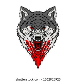 Angry Wild Wolf Face Front View Blood 