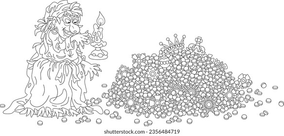 Wütige Hexe mit brennender Kerze, die ihre unschätzbaren Schätze und Goldmünzen in einer dunkelschrecklichen Nacht überprüft, schwarz-weißer Vektorgrafik für ein Farbbuch