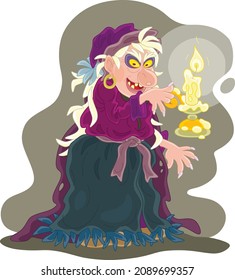 Angry witch practicing witchcraft with a burning magical candle, vector cartoon illustration isolated on a white background