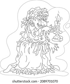 Angry witch practicing witchcraft with a burning magical candle, black and white vector cartoon for a coloring book page