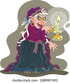 Angry witch practicing witchcraft with a burning magical candle, vector cartoon illustration isolated on a white background