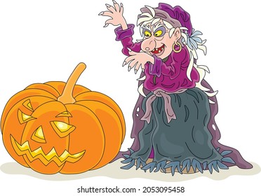 Wütende Hexe, die Hexerei auf einem großen, schrecklichen Halloweenkürbis mit einem geschnitzten, gruseligen Lächeln, Vektorgrafik-Illustration einzeln auf weißem Hintergrund