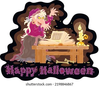 Angry witch with a scary smile practicing witchcraft and saying spells from her old terrible magic book by candlelight on a dark Halloween night, vector cartoon greeting card