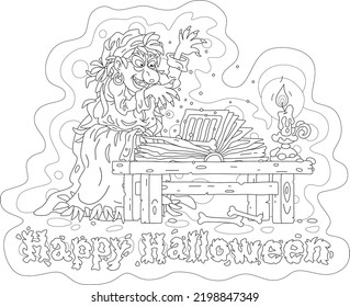 Angry witch with a scary smile practicing witchcraft and saying spells from her old terrible magic book by candlelight on a dark Halloween night, vector cartoon greeting card