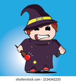 Angry wizard holding magic wand -  vector illustration 