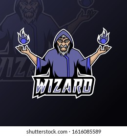 Angry Wizard sport esport logo template black uniform in blue glow for team, business, personal