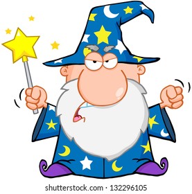 Angry Wizard Waving With Magic Wand