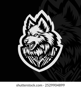 Angry wolf with armor mascot character logo design, black white