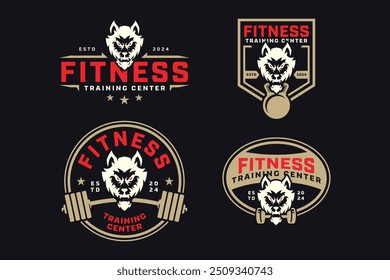 canino lobo irritado com power bar, barbell e kettlebell distintivo logotipo coleção de design para fitness, ginásio, musculação, clube de levantamento de peso  