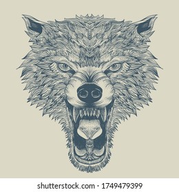 angry wolf engraving with outline 
