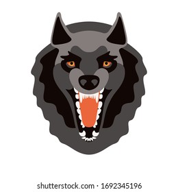 Angry Wolf Face,  Front View. Vector Illustration, Flat Style