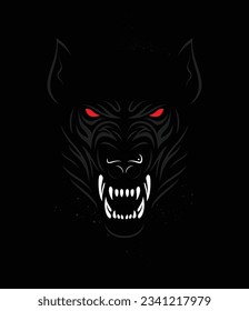 Angry wolf face image on black background.