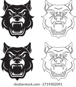 Conjunto de cara de lobo enojado Vector de silueta. Conjunto de cara de lobo agresivo Silueta negra