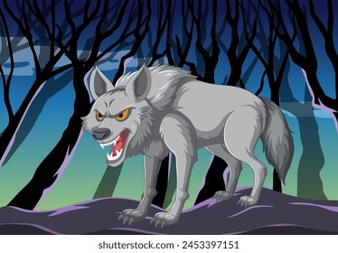 Angry wolf growling in a spooky forest setting