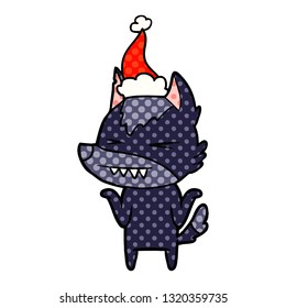angry wolf hand drawn comic book style illustration of a wearing santa hat