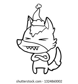dibujo de una línea dibujada a mano por un lobo enojado que lleva puesto un sombrero santa
