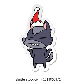 angry wolf hand drawn sticker cartoon of a wearing santa hat