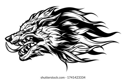 Angry wolf head black and white vector illustration. 